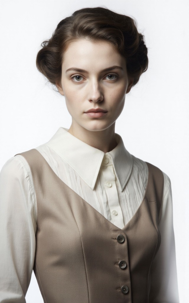 A French female model wearing a dress with a Wing   tip collar, white background, front   facing bust portrait